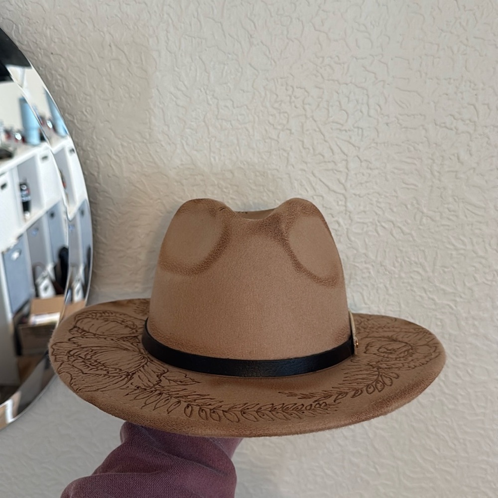 Tan/brown women’s hat, with floral hand engraving. Specially made. Never worn